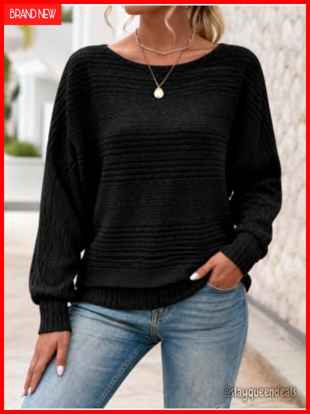 Slouchy Ribbed Knit Sweater Oversized Boatneck Pullover Batwing Long Sleeve